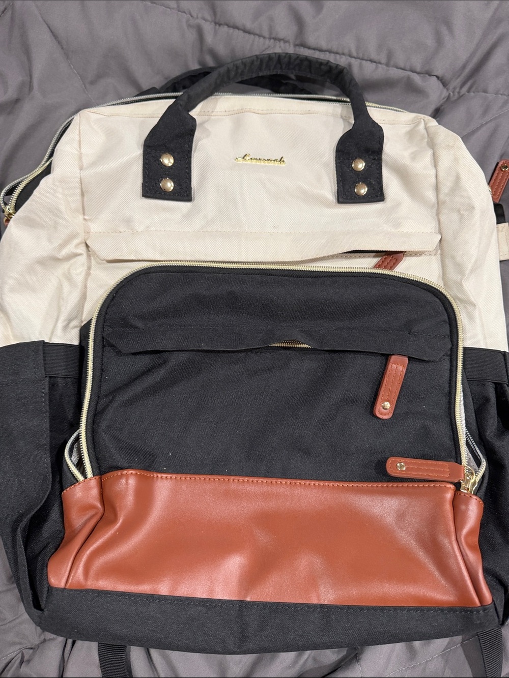 Three-Tone Canvas Backpack - Black / Cream / Brown